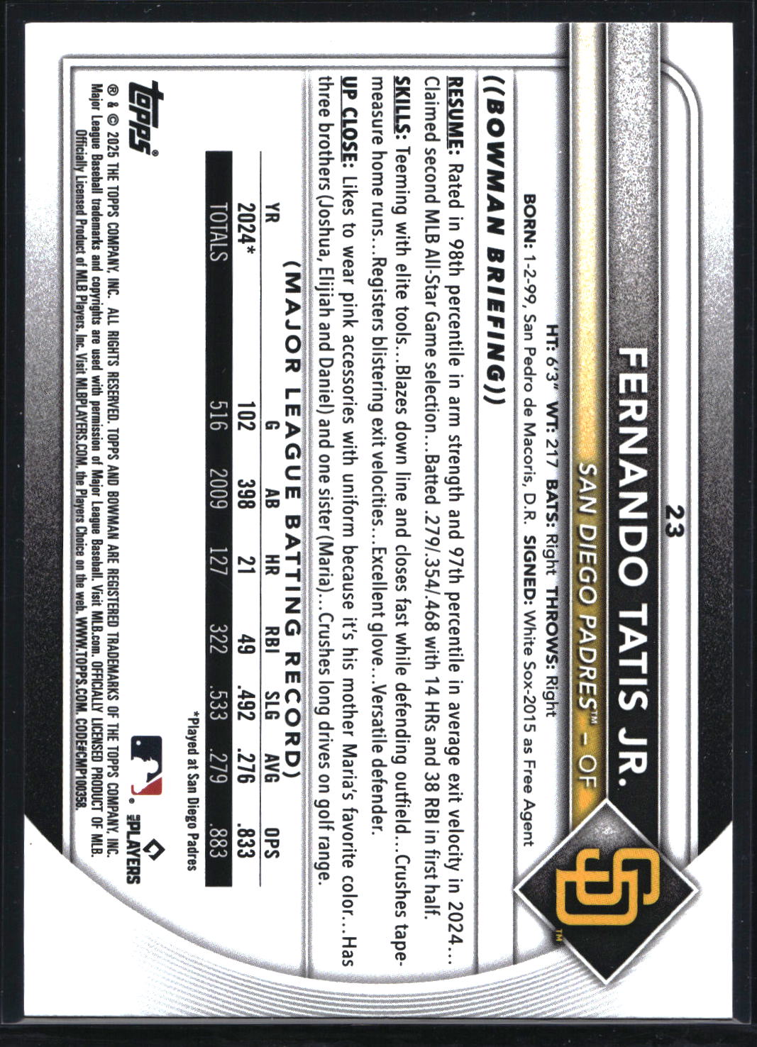 2025 Bowman #23 Fernando Tatis Jr. Blue Pattern #/125