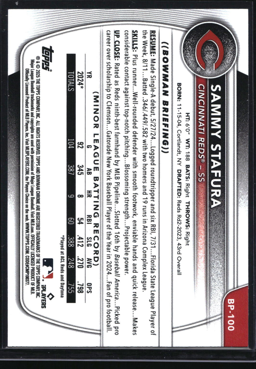 2025 Bowman #BP-100 Sammy Stafura Prospects Blue Pattern #/125