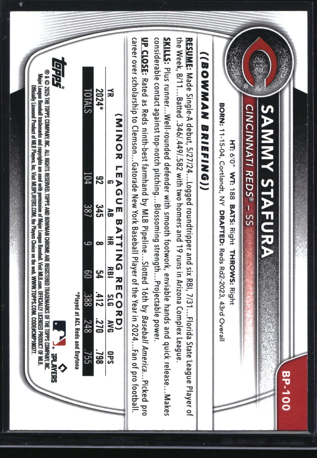 2025 Bowman #BP-100 Sammy Stafura Prospects Blue Pattern #/125