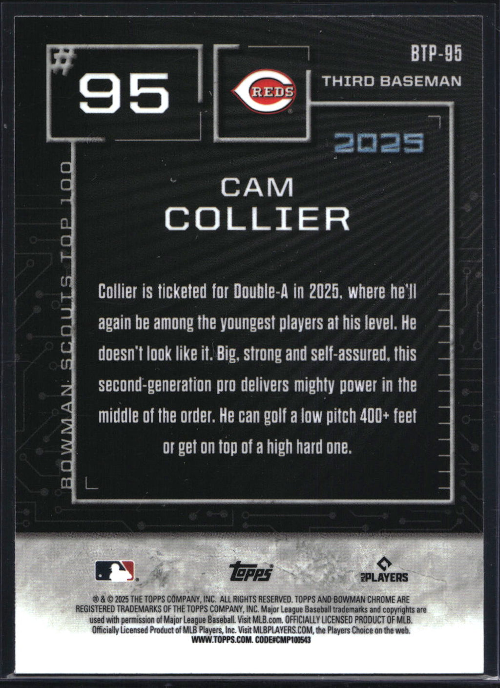 2025 Bowman #BTP-95 Cam Collier Bowman Scouts Top 100 Aqua Refractor #/125