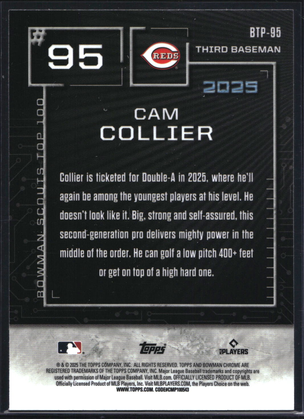 2025 Bowman #BTP-95 Cam Collier Bowman Scouts Top 100 Aqua Refractor #/125