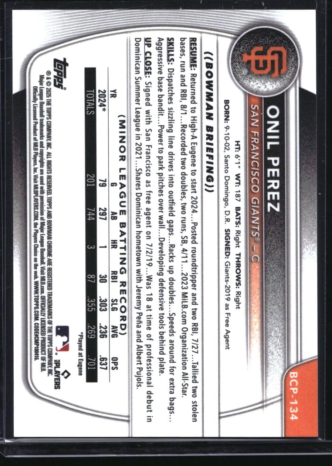 2025 Bowman #BCP-134 Onil Perez Chrome Prospects Green Shimmer Refractor #/99