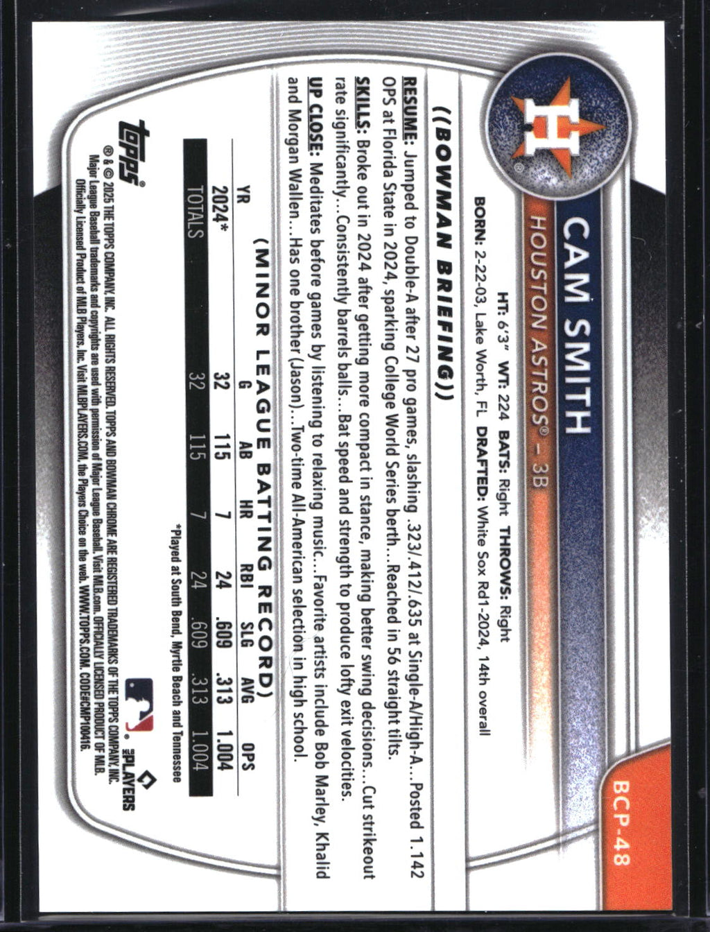 2025 Bowman #BCP-48 Cam Smith Chrome Prospects Green Shimmer Refractor 26/99