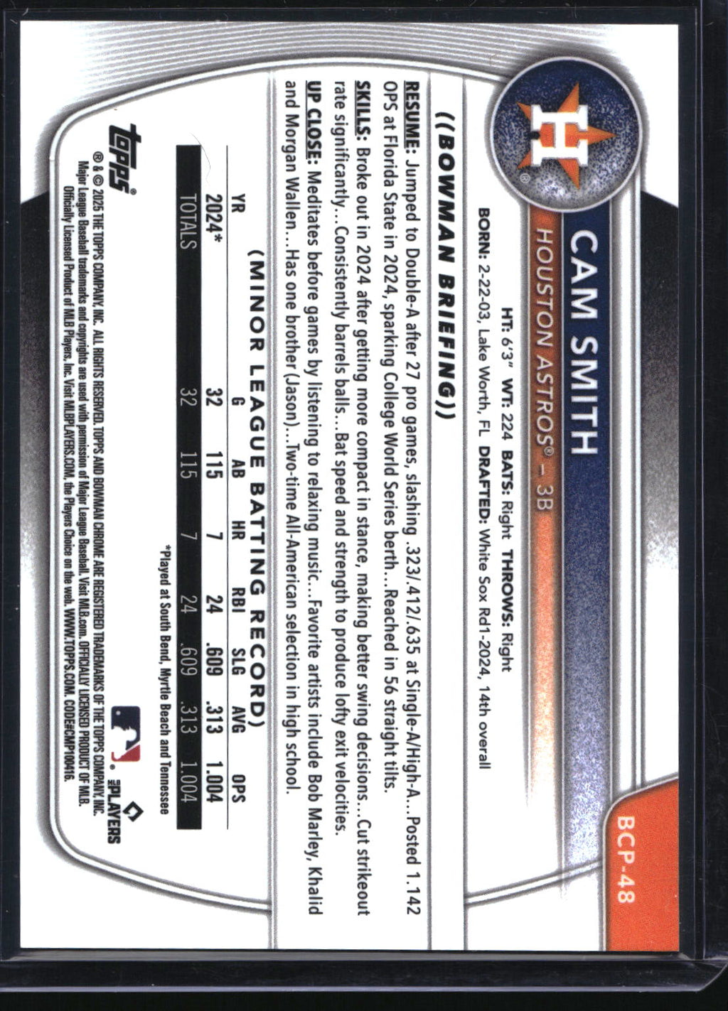 2025 Bowman #BCP-48 Cam Smith Chrome Prospects Green Shimmer Refractor 30/99