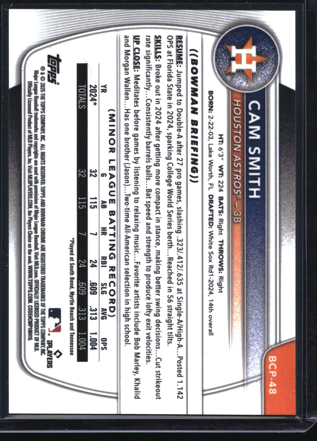 2025 Bowman #BCP-48 Cam Smith Chrome Prospects Green Shimmer Refractor 30/99