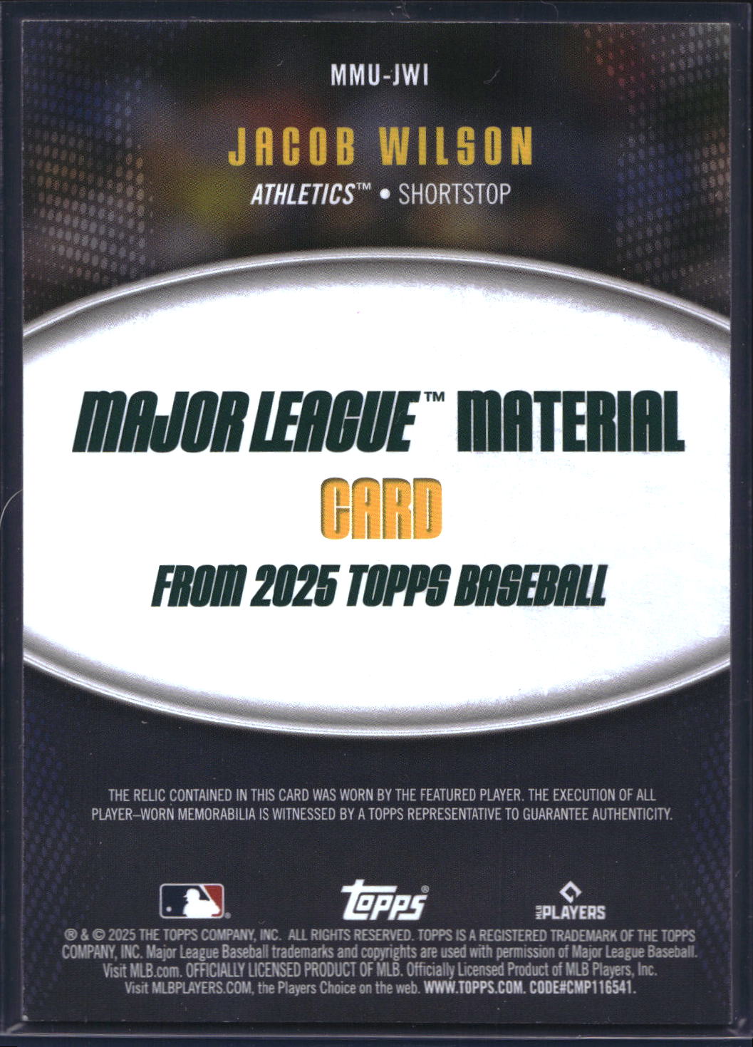2025 Topps Update #MMU-JWI Jacob Wilson Major League Materials