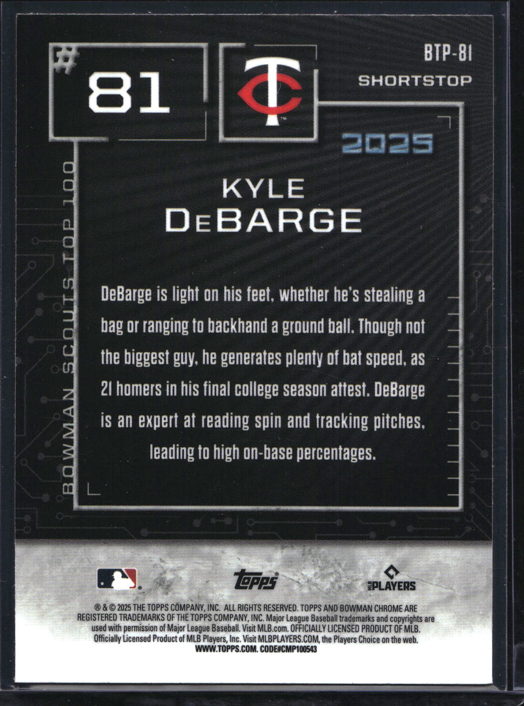 2025 Bowman #BTP-81 Kyle DeBarge Bowman Scouts Top 100 Green Refractor #/99