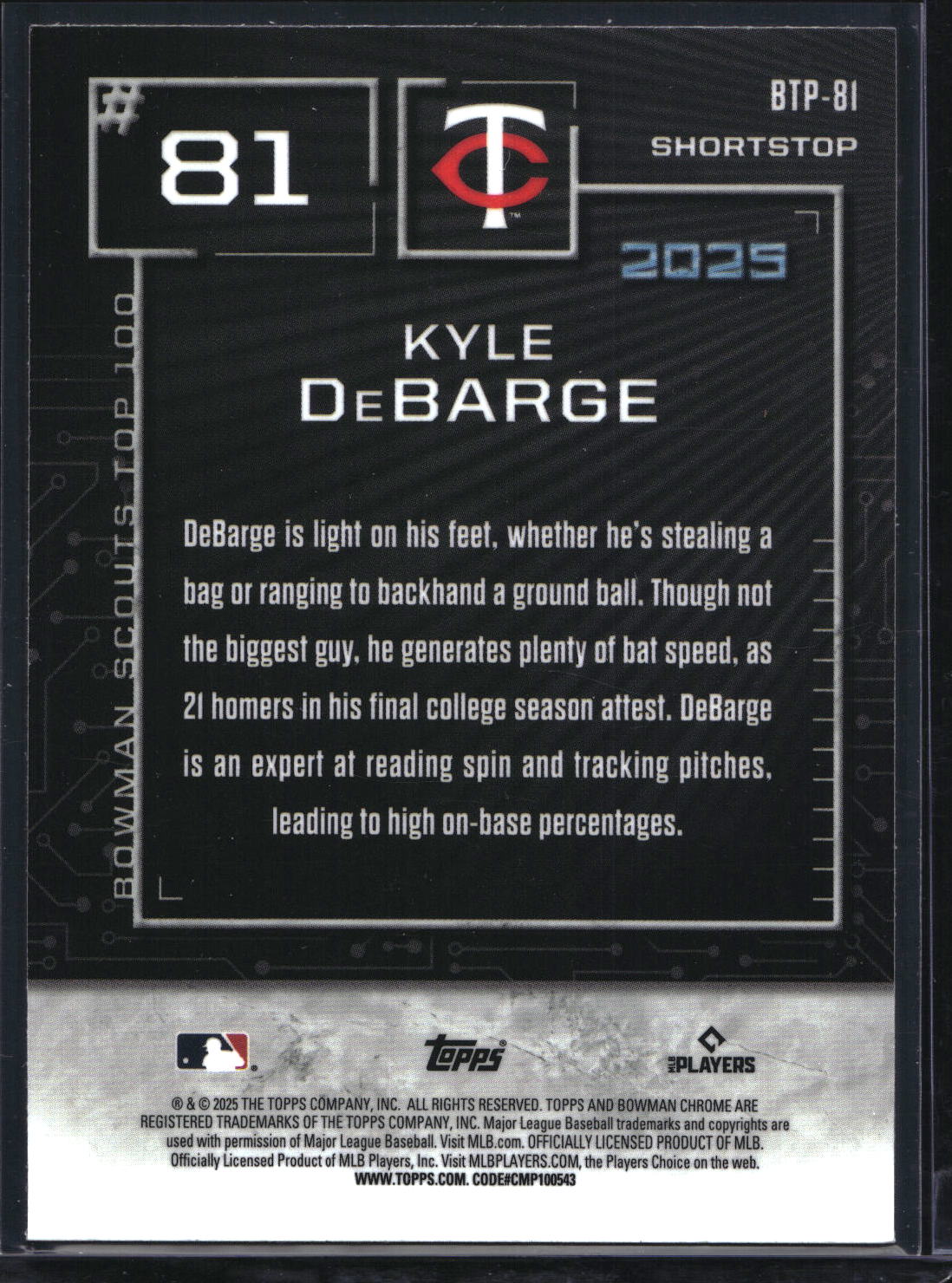 2025 Bowman #BTP-81 Kyle DeBarge Bowman Scouts Top 100 Green Refractor #/99