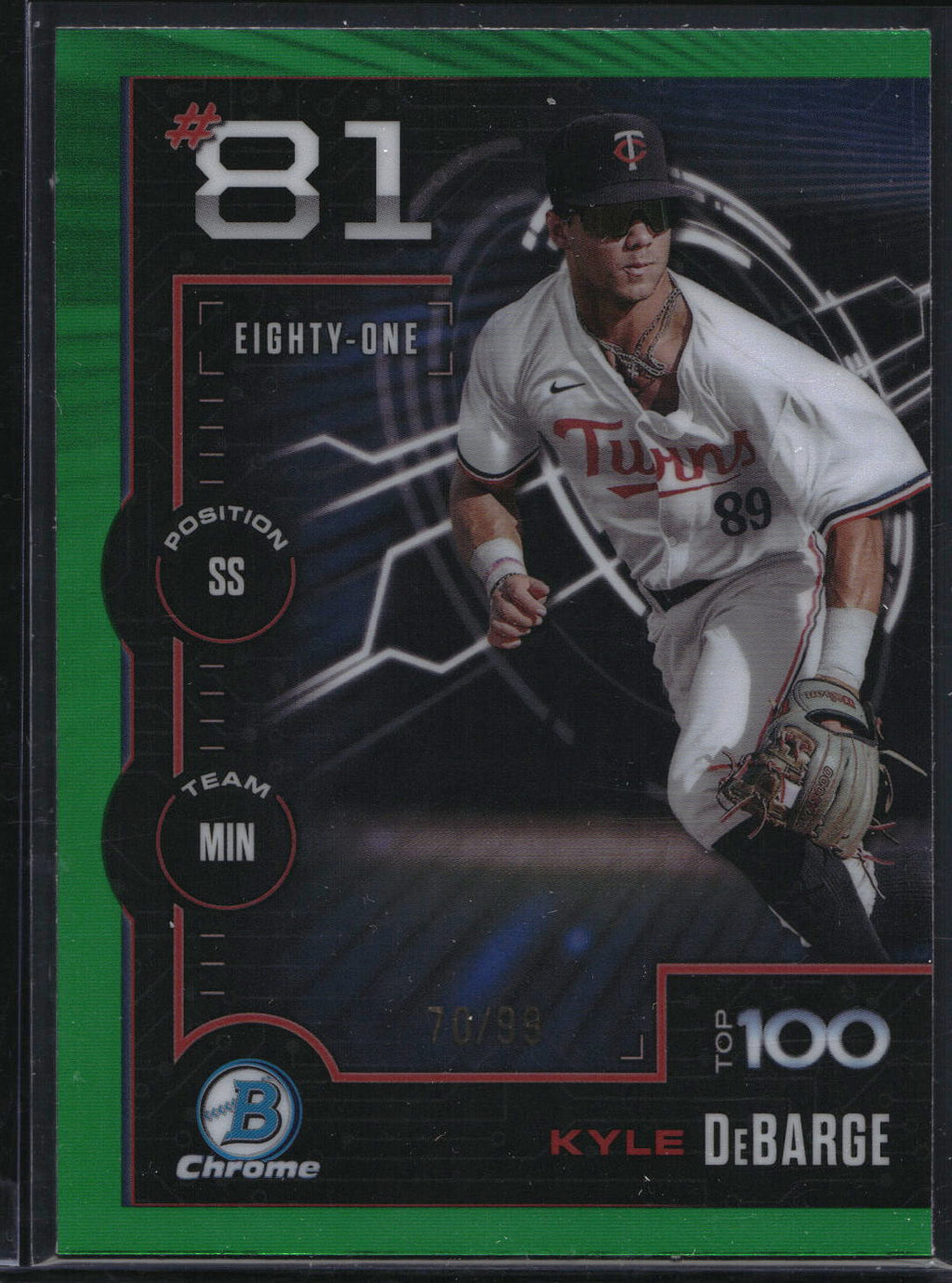 2025 Bowman #BTP-81 Kyle DeBarge Bowman Scouts Top 100 Green Refractor #/99