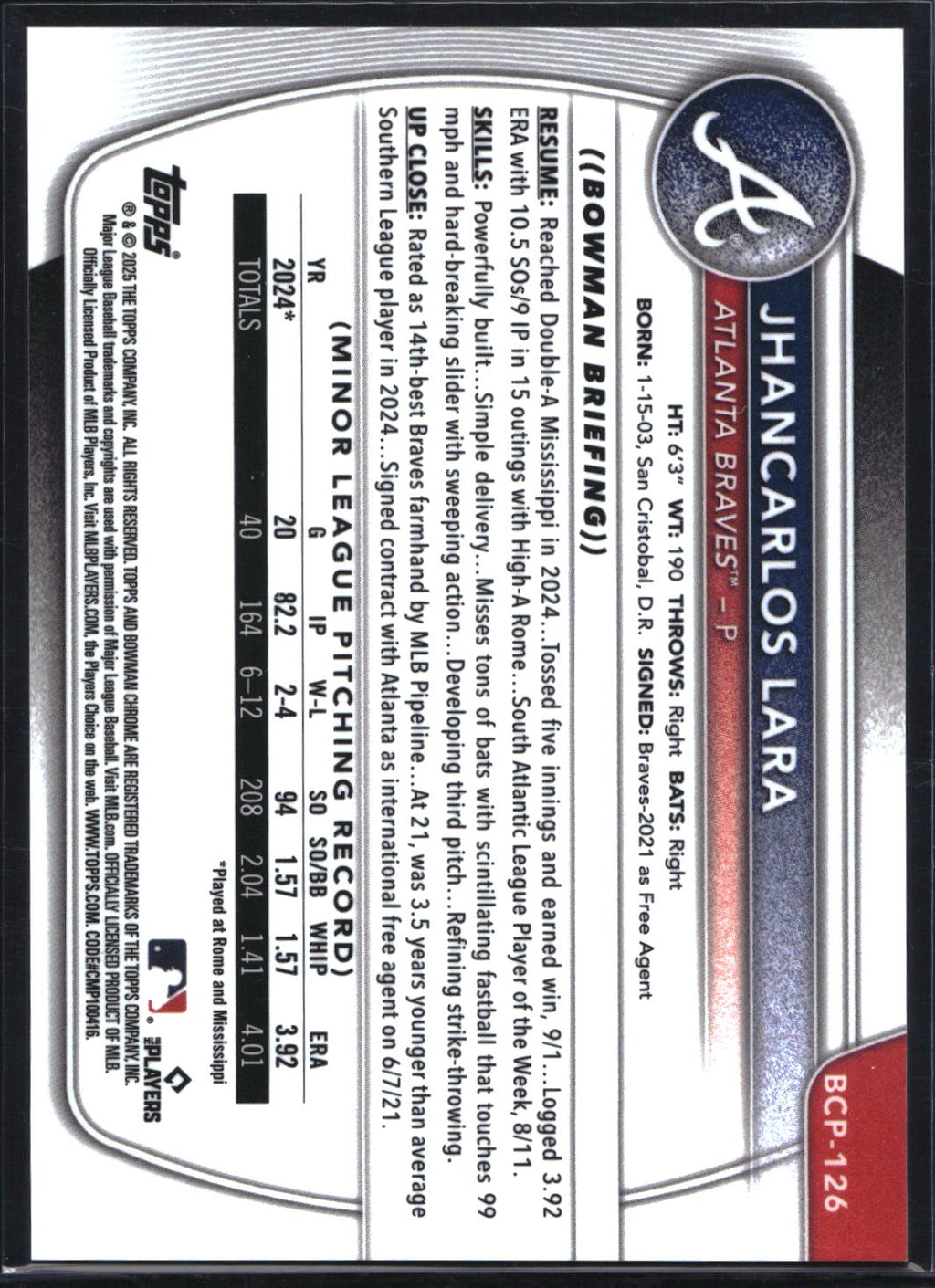 2025 Bowman #BCP-126 Jhancarlos Lara Chrome Prospects Green Refractor #/99