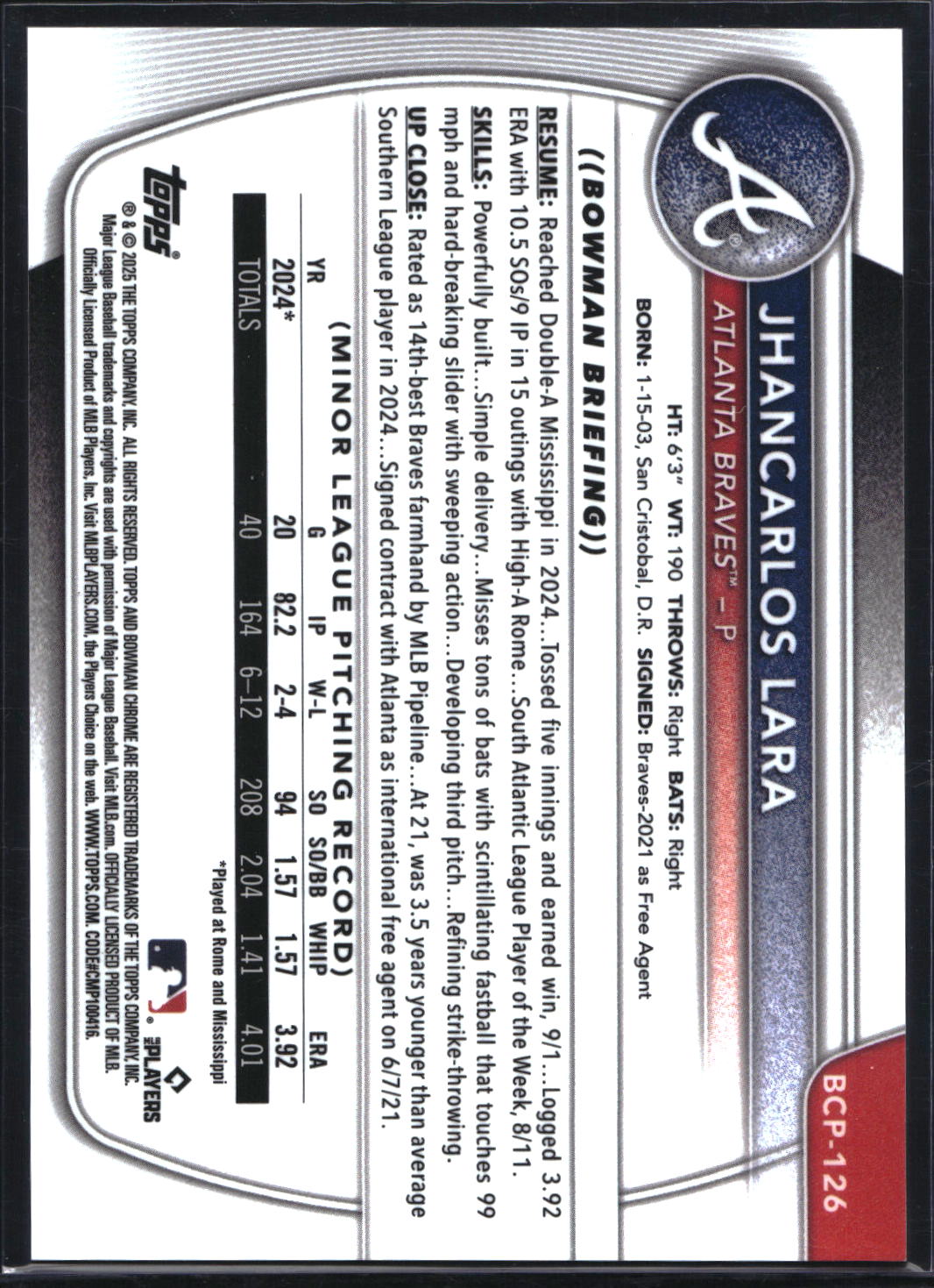 2025 Bowman #BCP-126 Jhancarlos Lara Chrome Prospects Green Refractor #/99