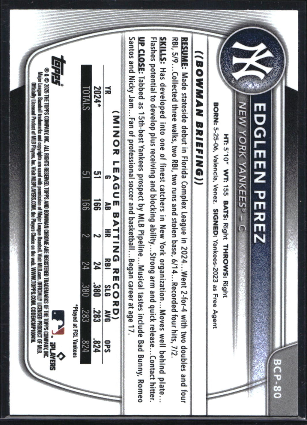 2025 Bowman #BCP-80 Edgleen Perez Chrome Prospects Green Refractor #/99