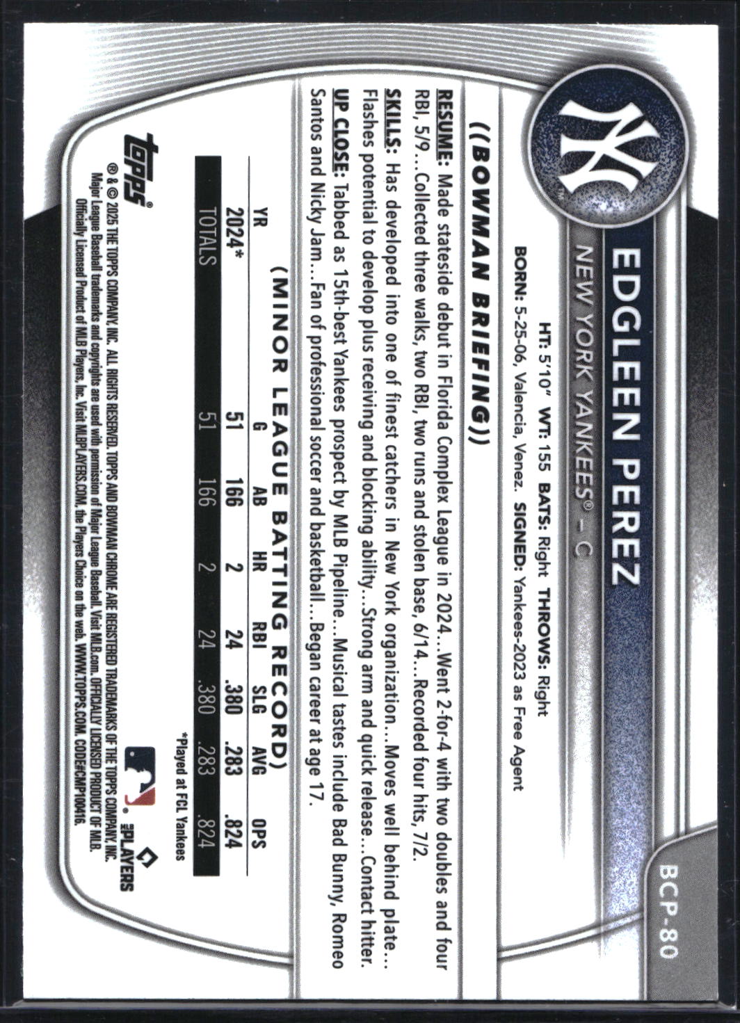 2025 Bowman #BCP-80 Edgleen Perez Chrome Prospects Green Refractor #/99