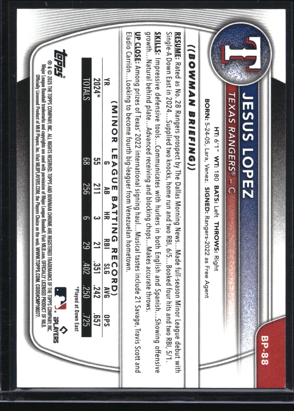 2025 Bowman #BP-88 Jesus Lopez Prospects Green #/99