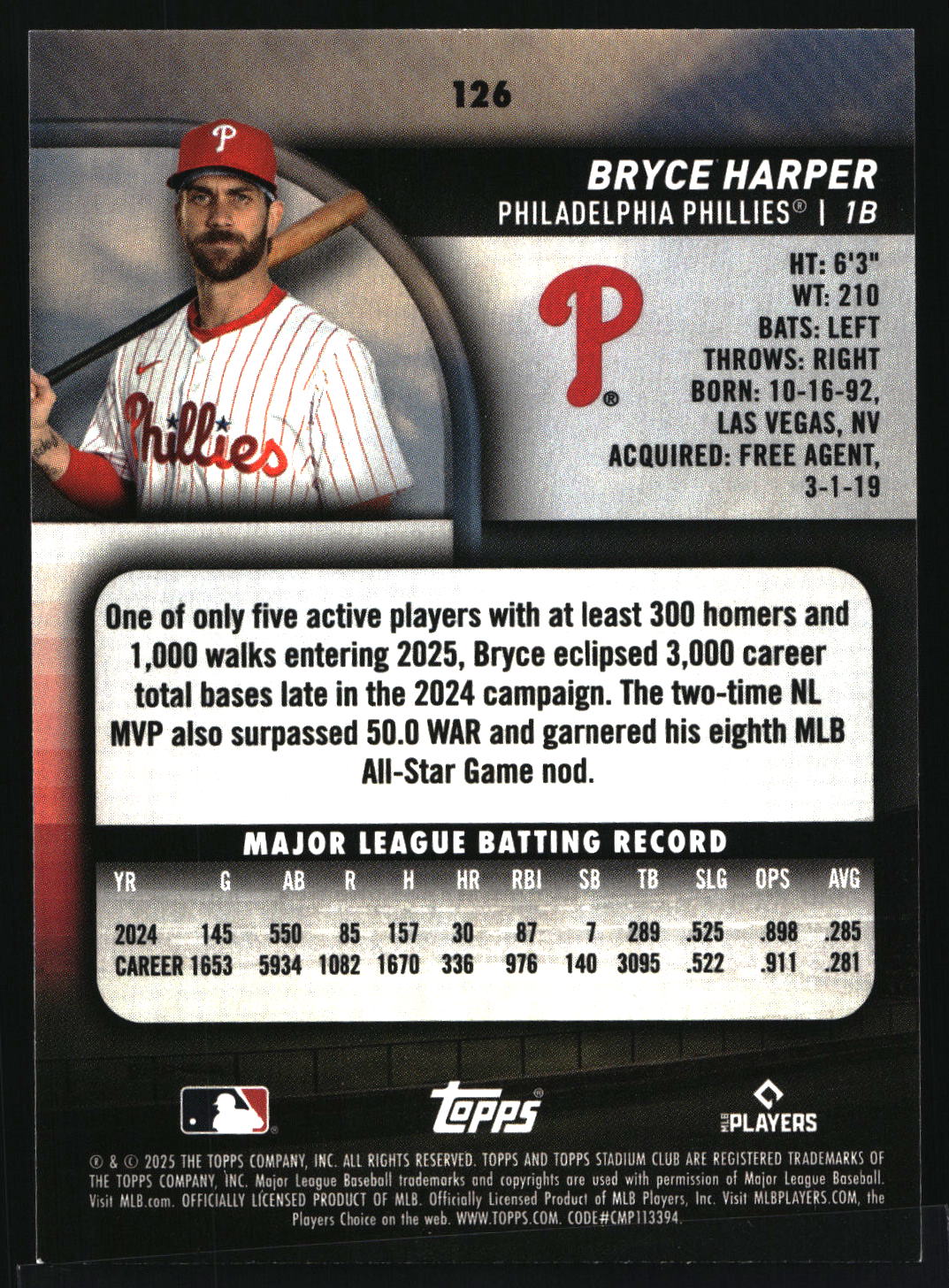 2025 Stadium Club #126 Bryce Harper Sepia