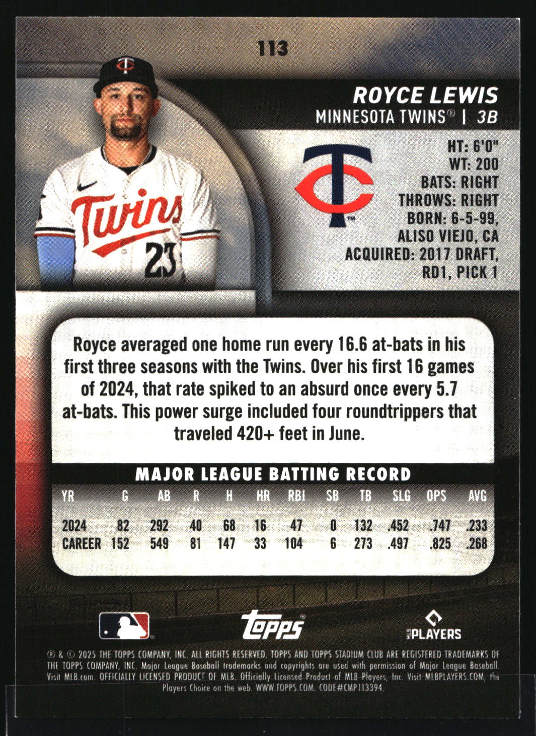 2025 Stadium Club #113 Royce Lewis Sepia