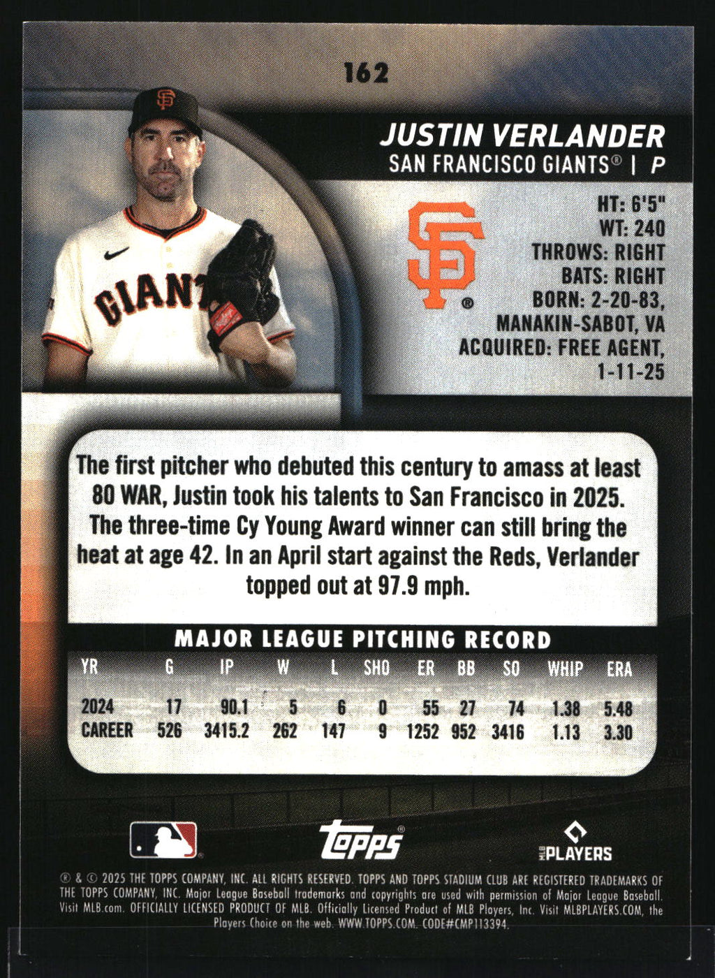 2025 Stadium Club #162 Justin Verlander Sepia