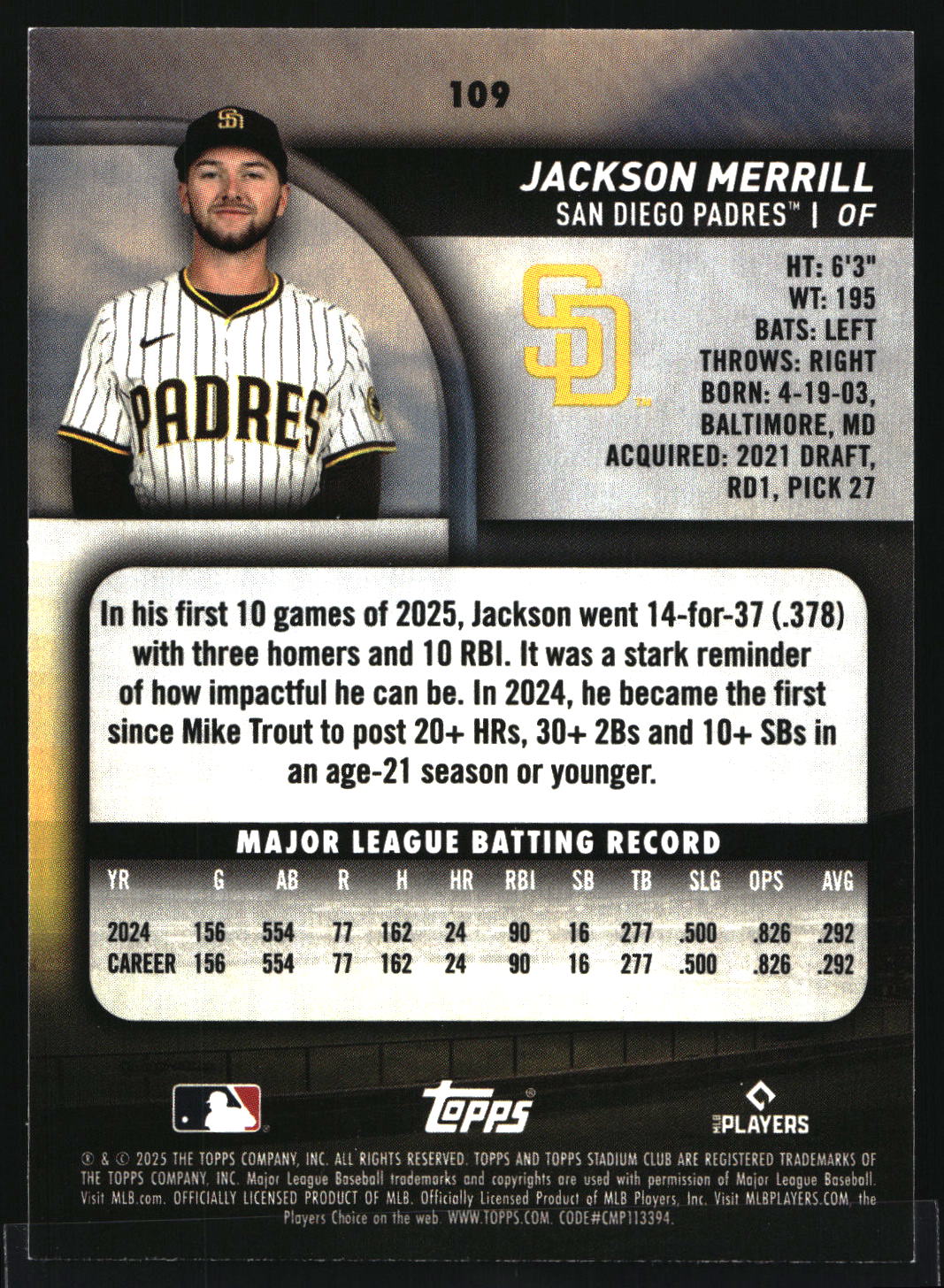 2025 Stadium Club #109 Jackson Merrill Sepia