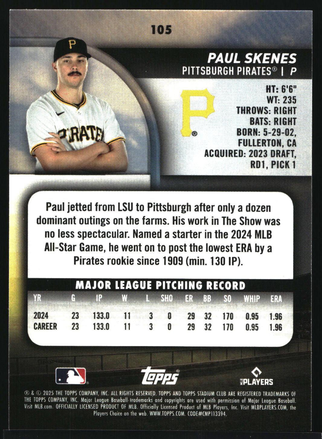 2025 Stadium Club #105 Paul Skenes