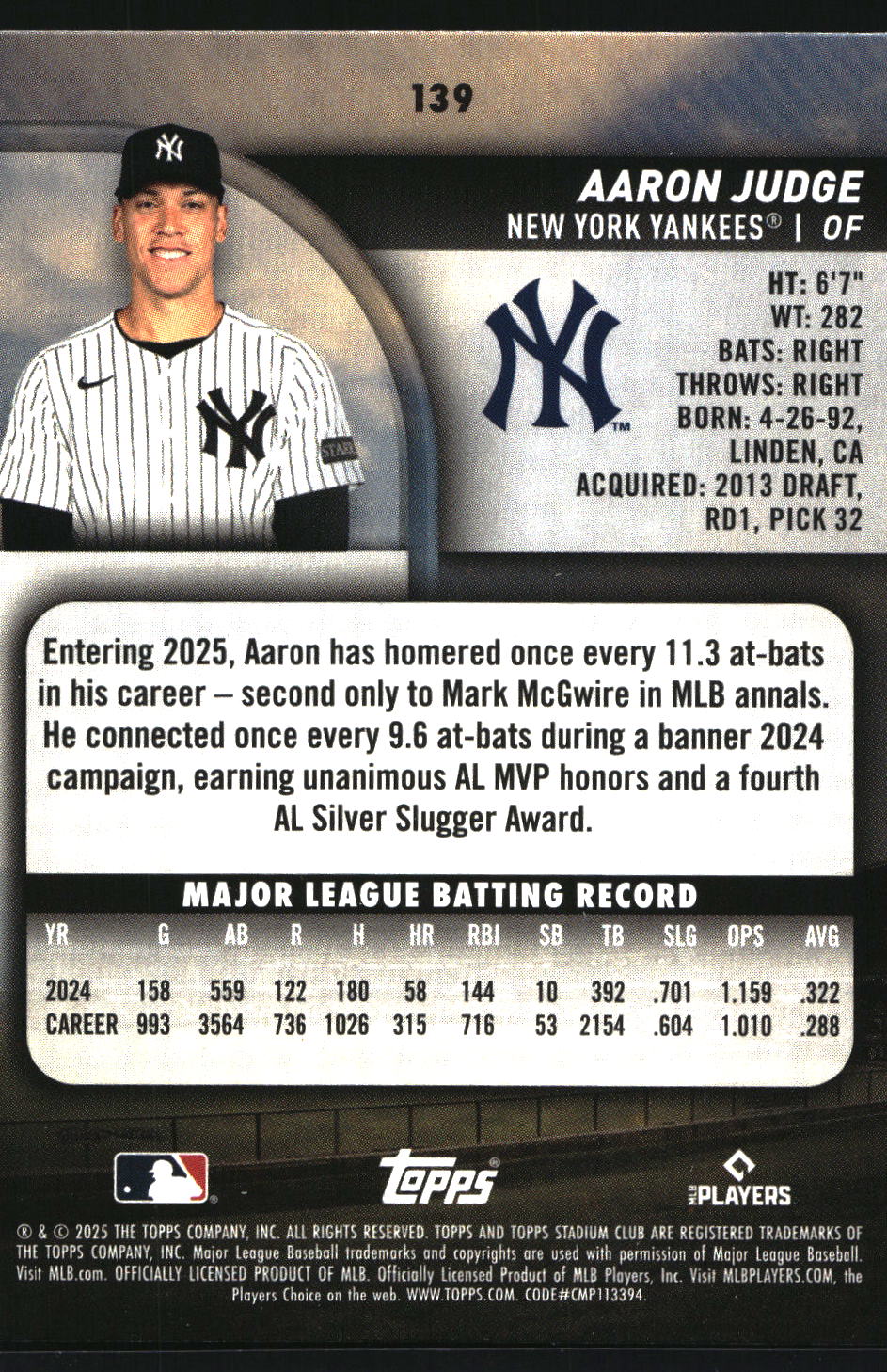2025 Stadium Club #139 Aaron Judge