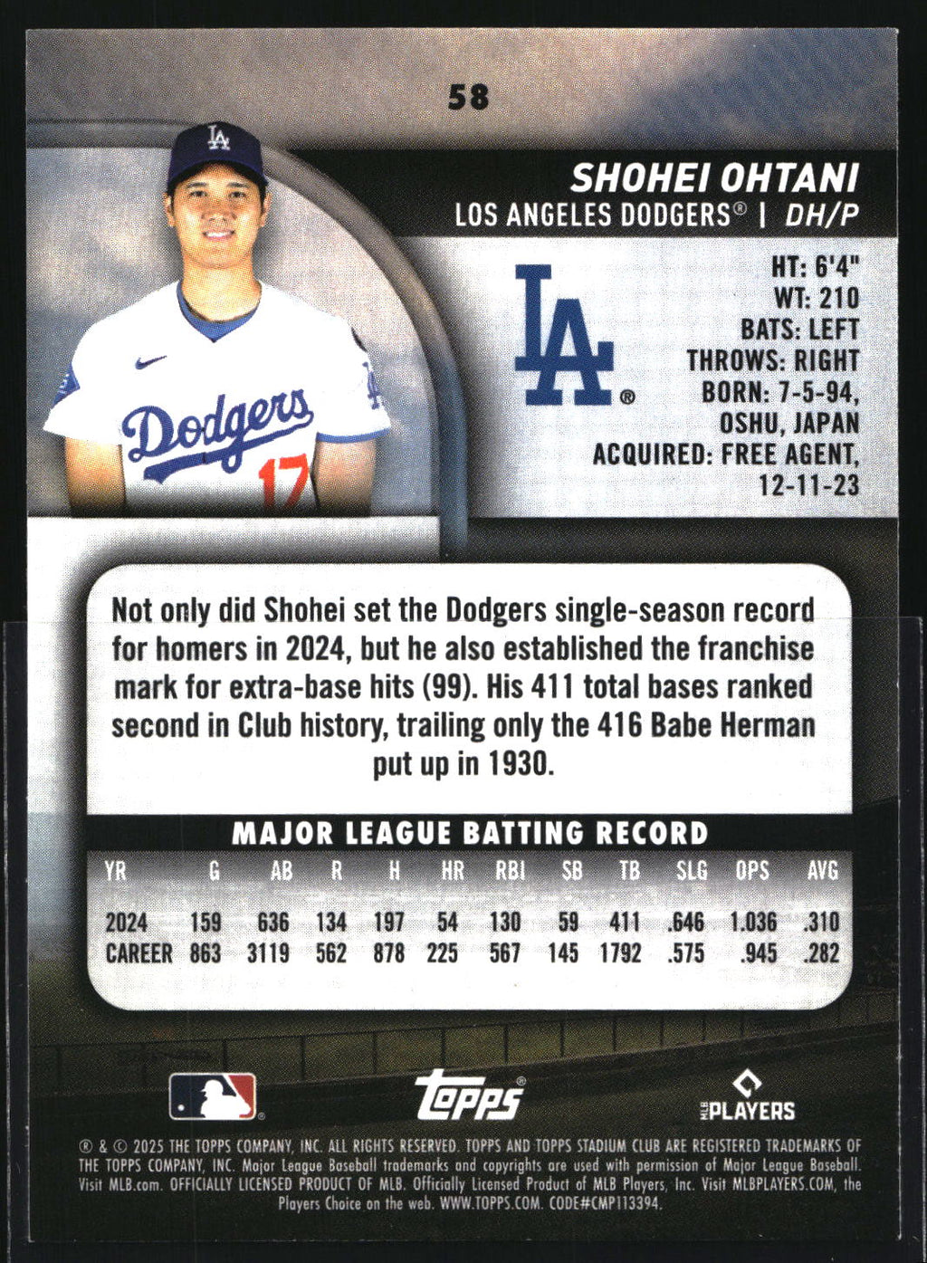 2025 Stadium Club #58 Shohei Ohtani
