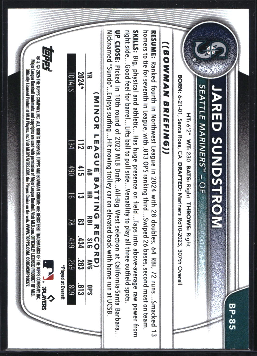 2025 Bowman #BP-85 Jared Sundstrom Prospects Yellow #/75