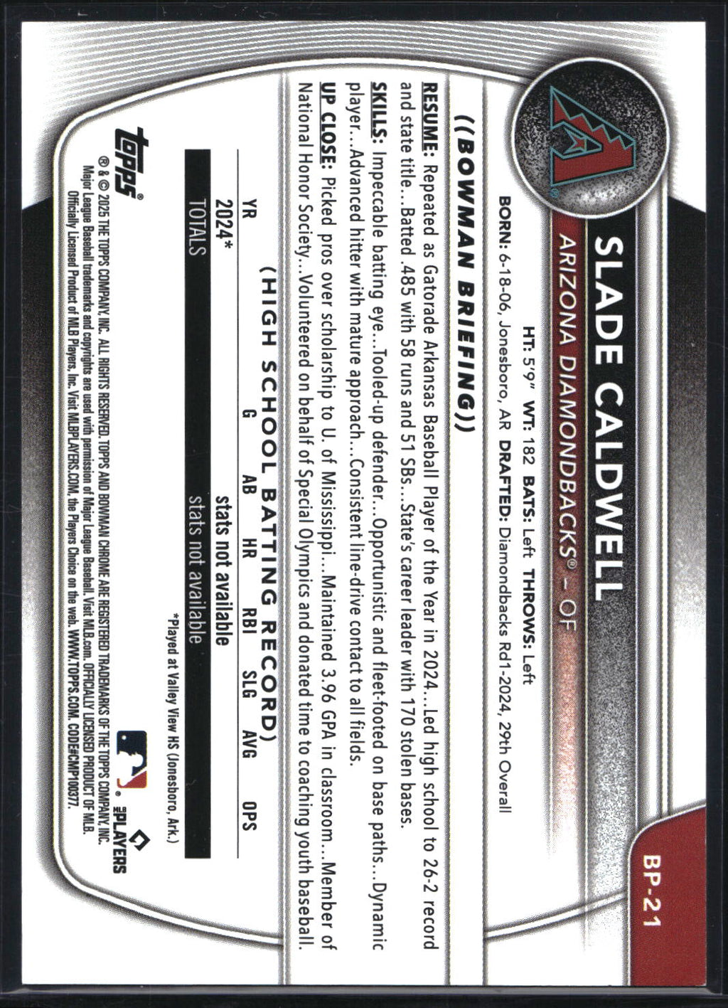 2025 Bowman #BP-21 Slade Caldwell Prospects Yellow Pattern #/75