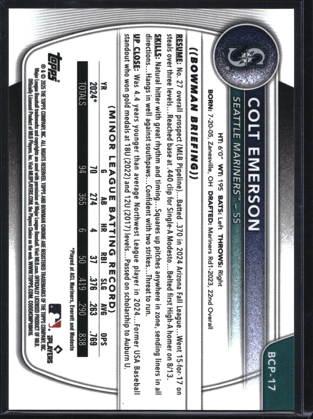 2025 Bowman #BCP-17 Colt Emerson Chrome Prospects Gold Shimmer Refractor #/50