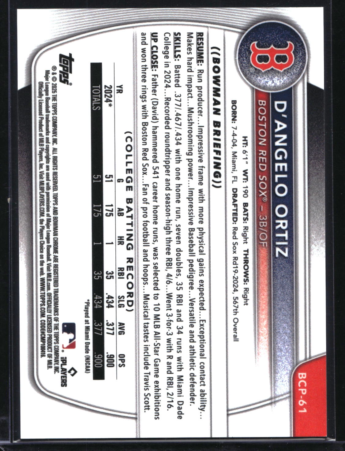 2025 Bowman #BCP-61 D'Angelo Ortiz Chrome Prospects Gold Shimmer Refractor #/50