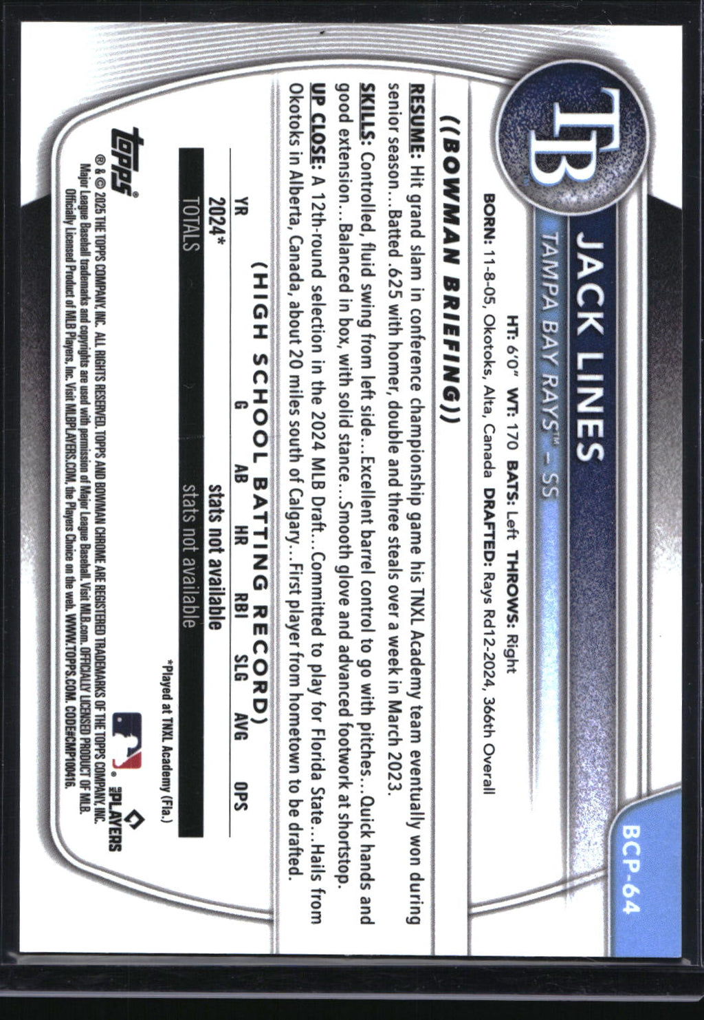 2025 Bowman #BCP-64 Jack Lines Chrome Prospects Reptilian Gold Refractor #/50