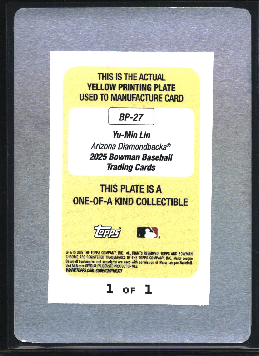 2025 Bowman #BP-27 Yu-Min Lin Prospects Printing Plate Yellow 1/1