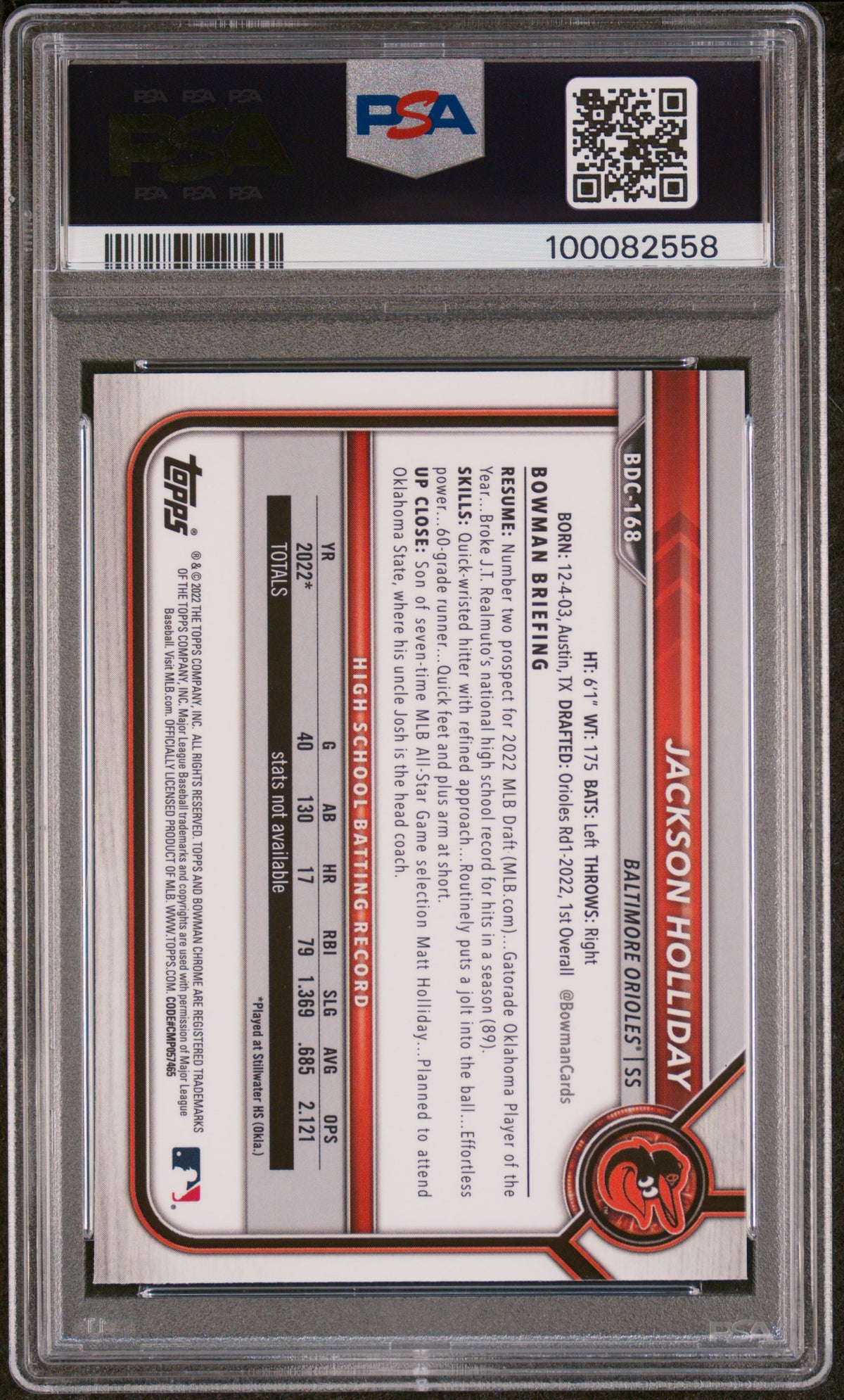 2022 Bowman Draft Chrome Sapphire Edition #BDC168 Jackson Holliday PSA 10