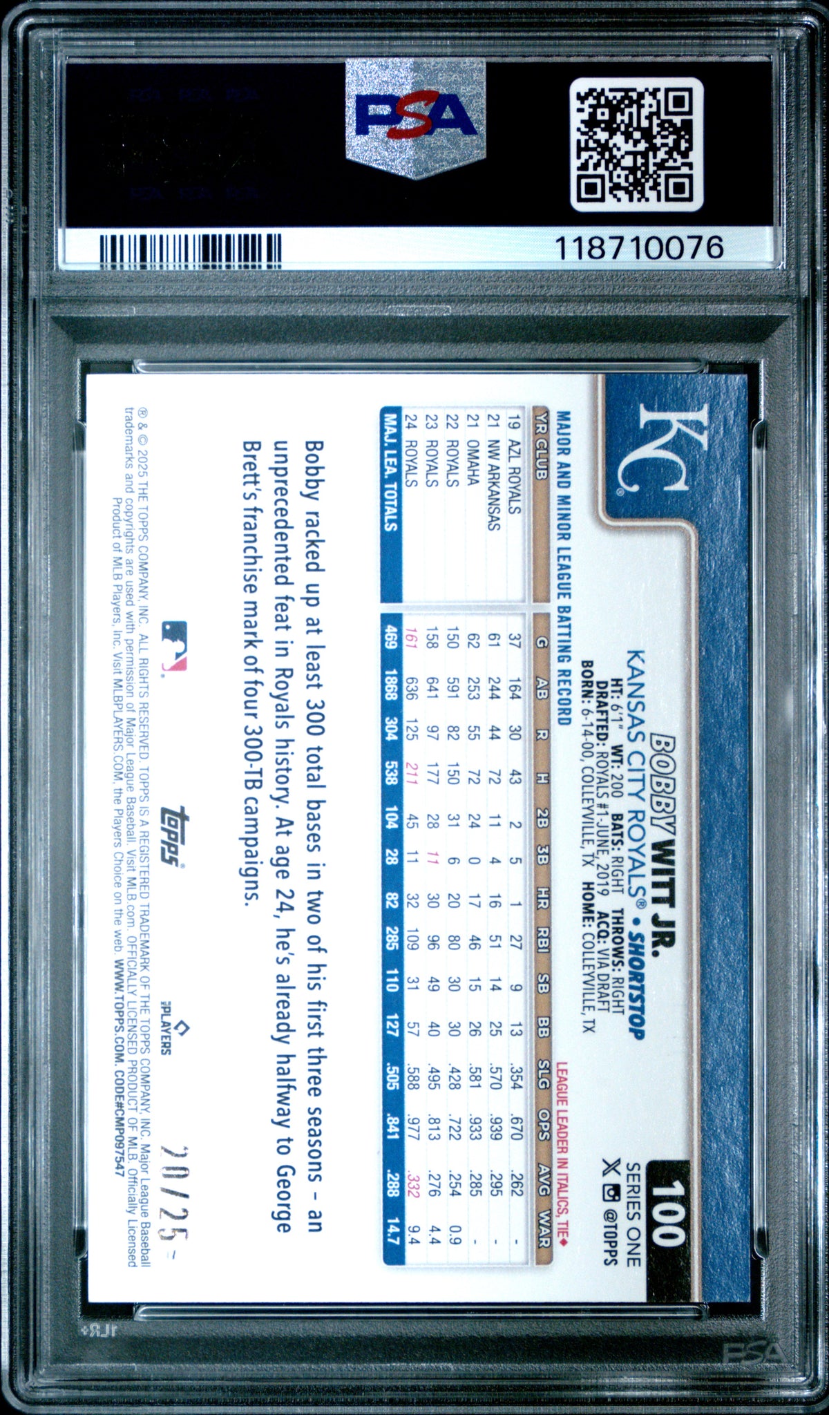 2025 Topps #100 Bobby Witt Jr. Wood PSA 9
