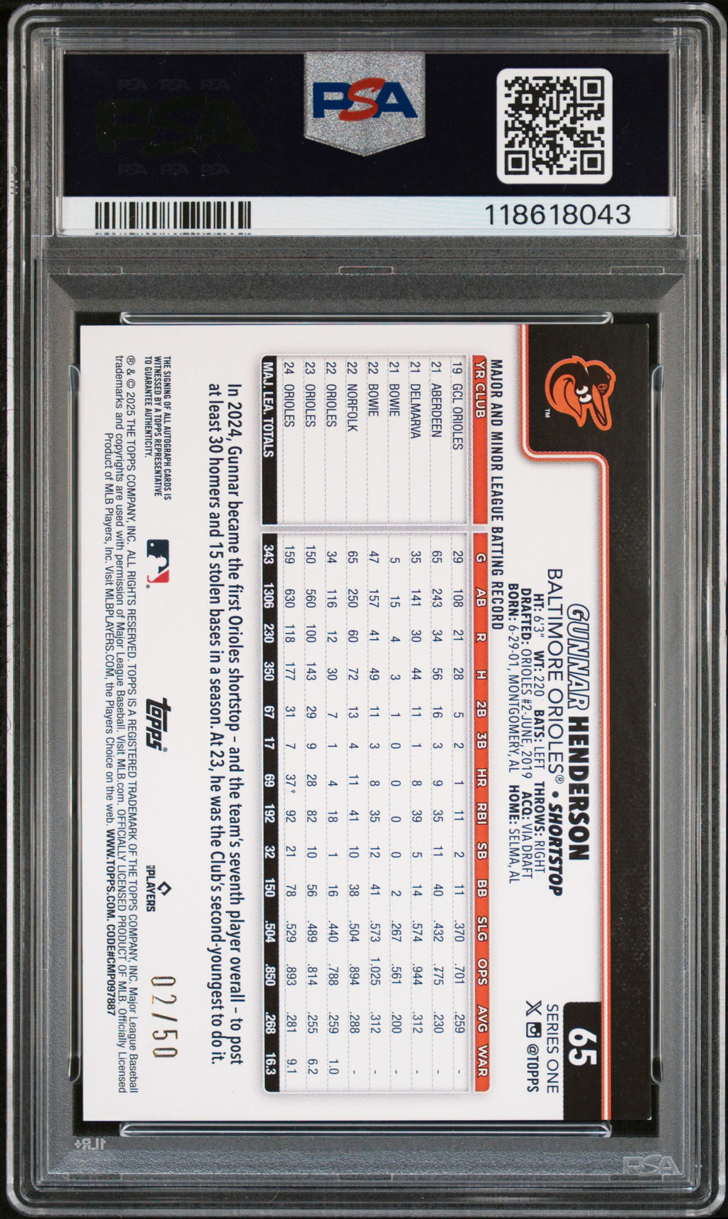 2025 Topps #65 Gunnar Henderson Autograph-Gold Foil PSA 9