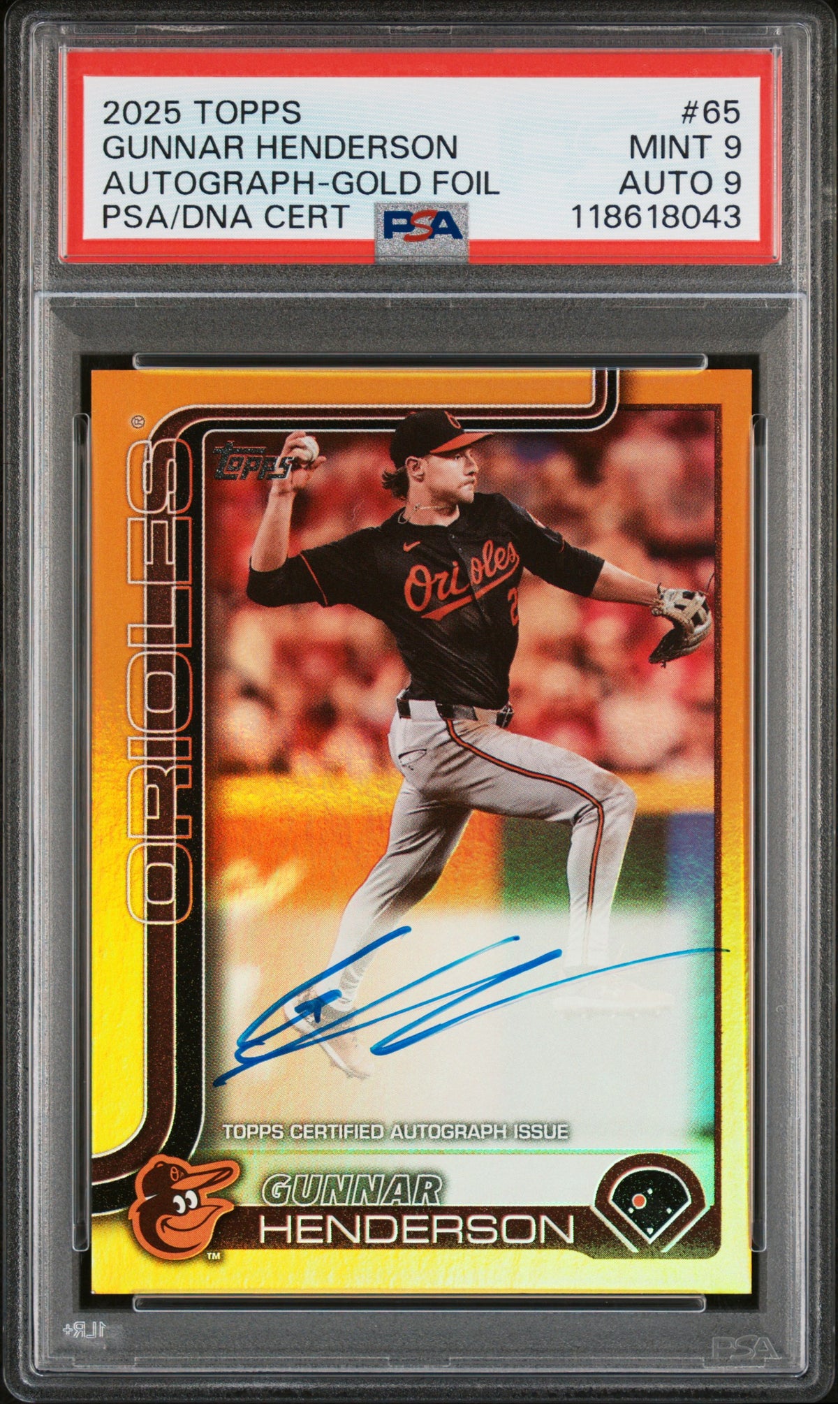 2025 Topps #65 Gunnar Henderson Autograph-Gold Foil PSA 9