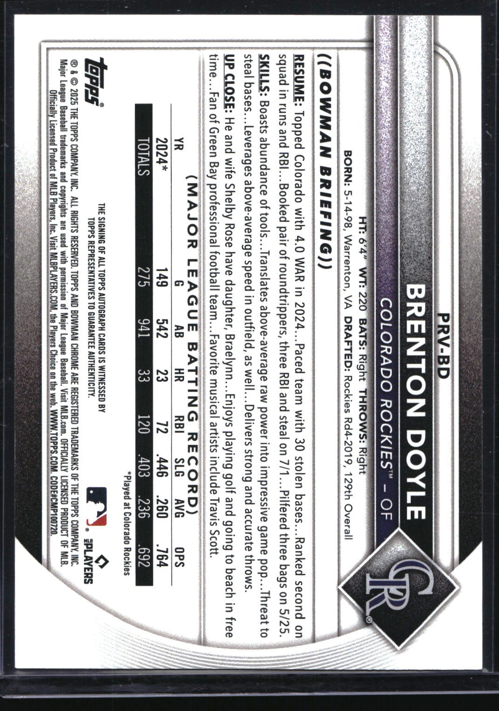 2025 Bowman #PRV-BD Brenton Doyle Rookies and Veterans Autographs