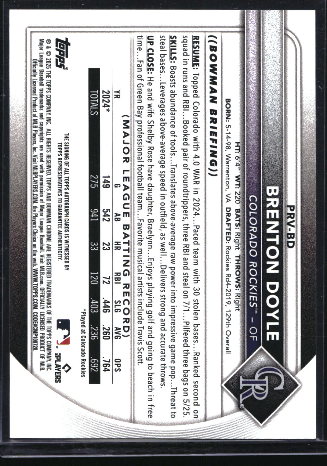 2025 Bowman #PRV-BD Brenton Doyle Rookies and Veterans Autographs