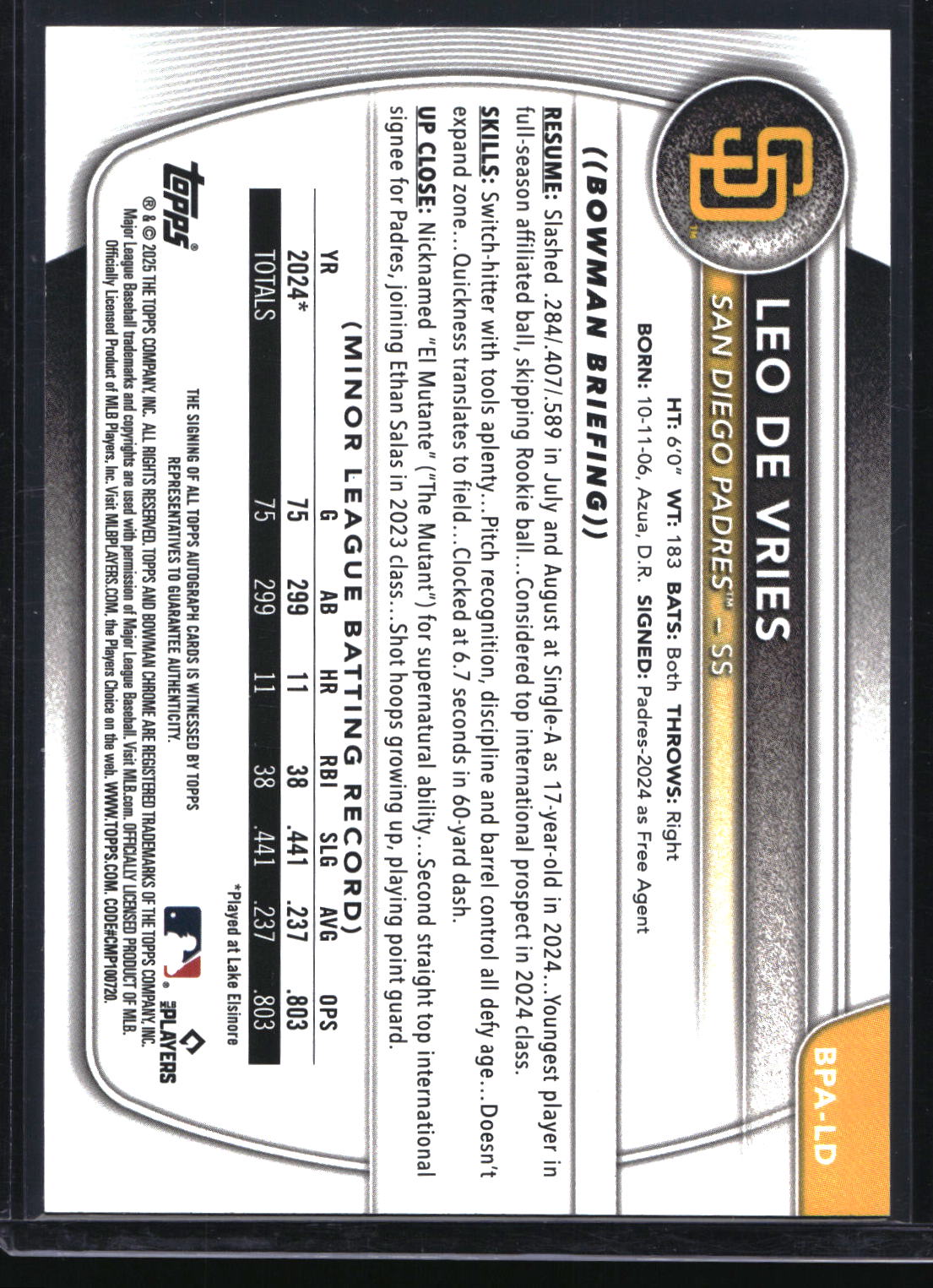 2025 Bowman #BPA-LD Leo De Vries Prospect Autographs