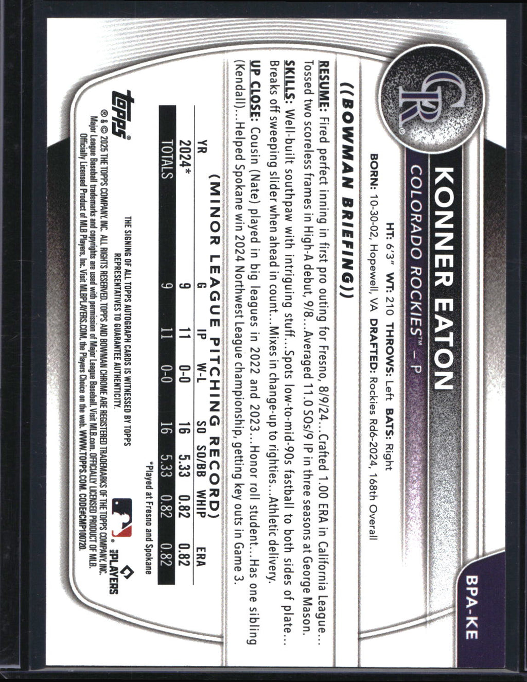 2025 Bowman #BPA-KE Konner Eaton Prospect Autographs