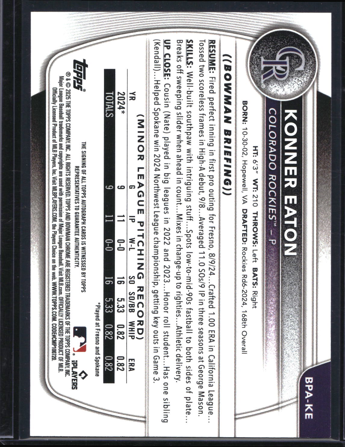 2025 Bowman #BPA-KE Konner Eaton Prospect Autographs