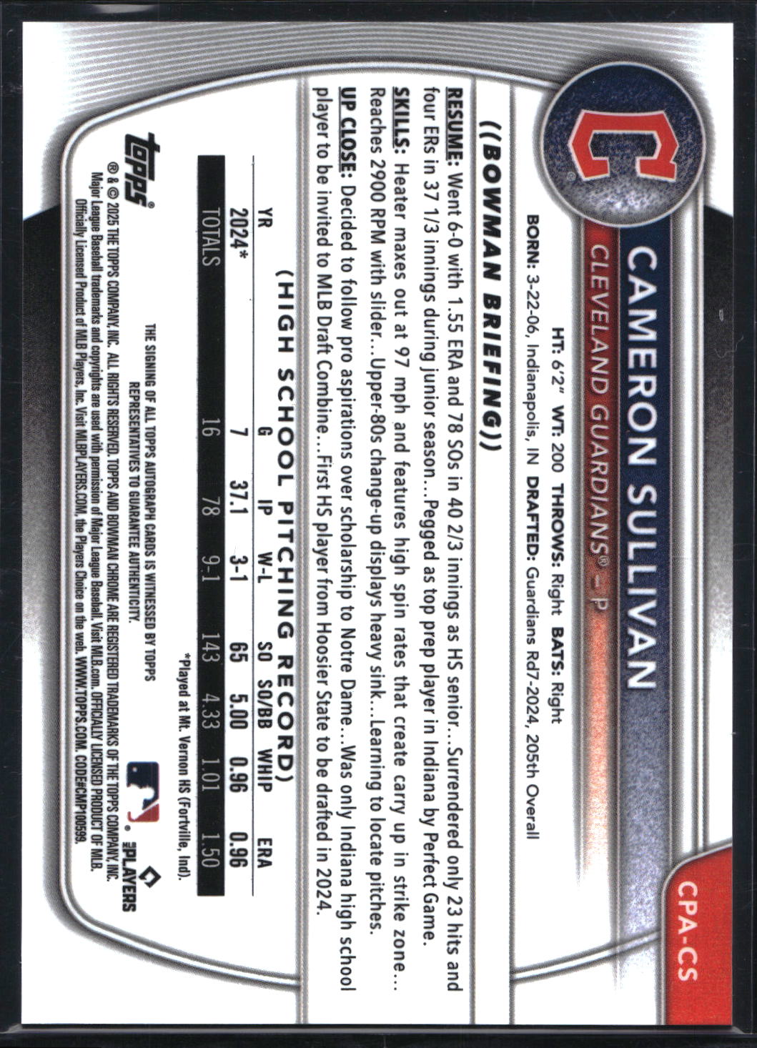 2025 Bowman #CPA-CS Cameron Sullivan Chrome Prospect Autographs