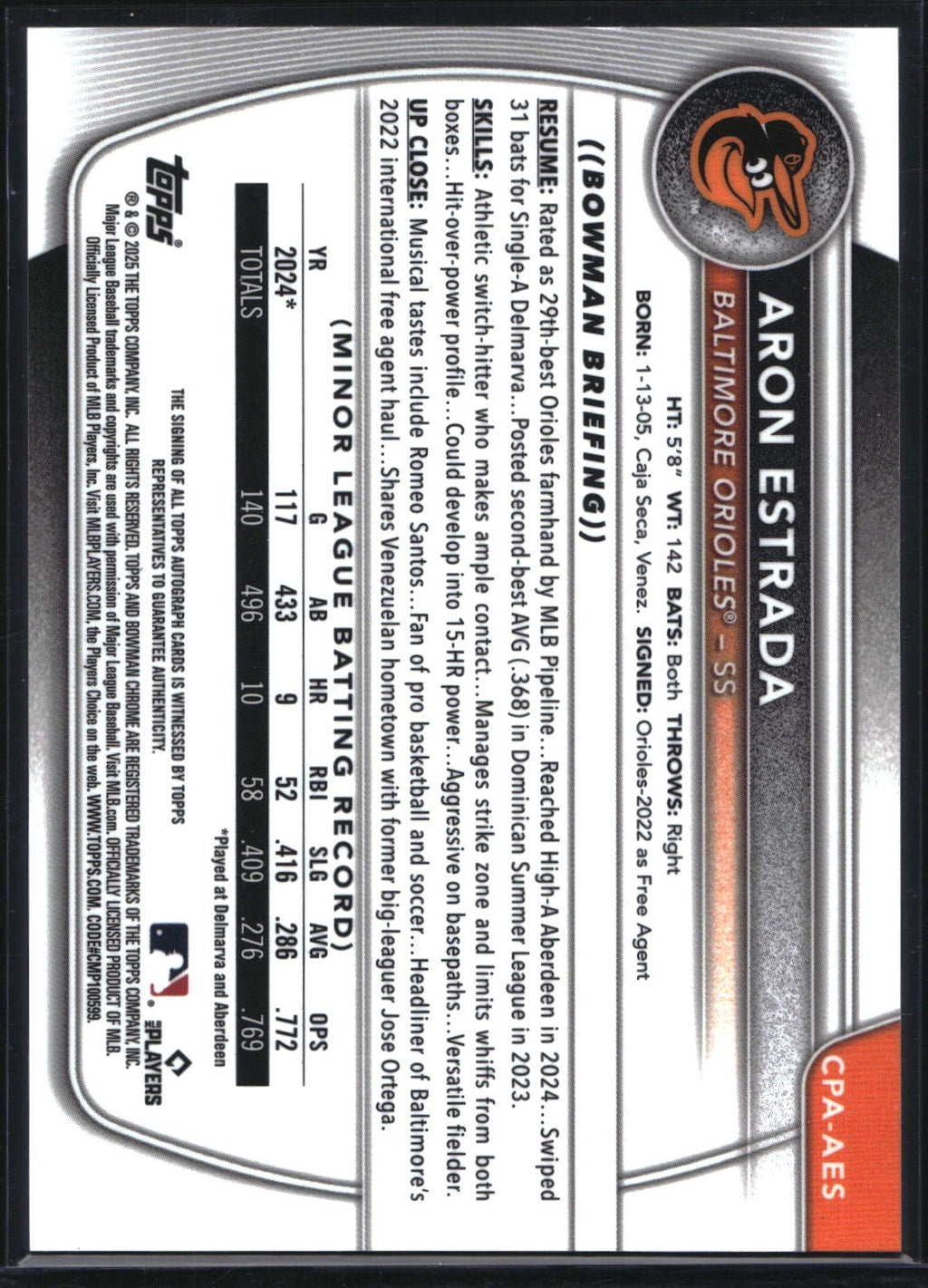 2025 Bowman #CPA-AES Aron Estrada Chrome Prospect Autographs