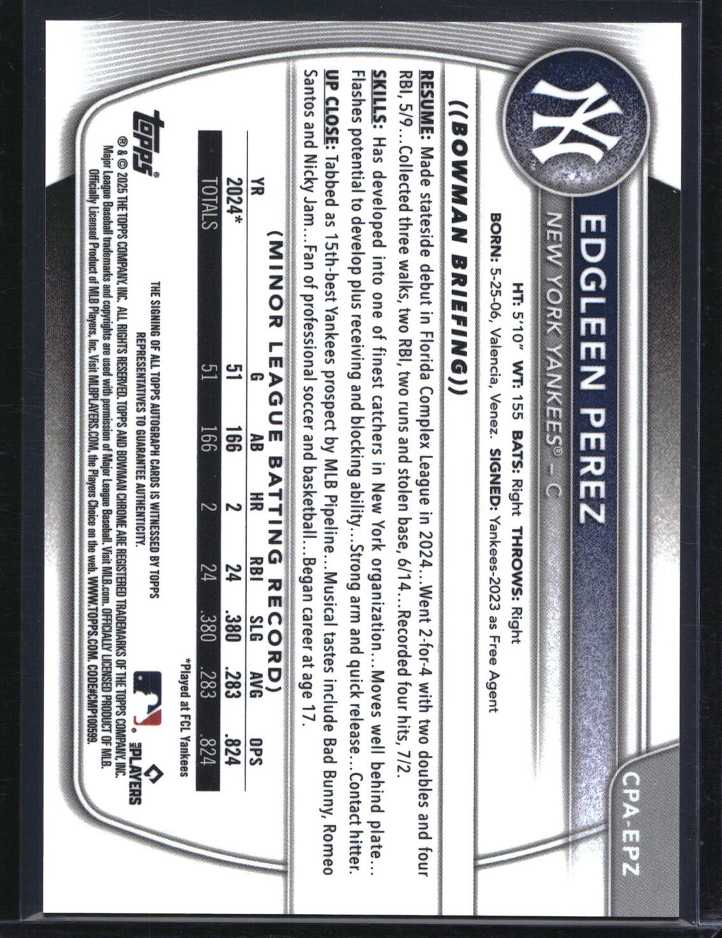 2025 Bowman CPA-EPZ Edgleen Perez Chrome Autograph Green Refractor /99