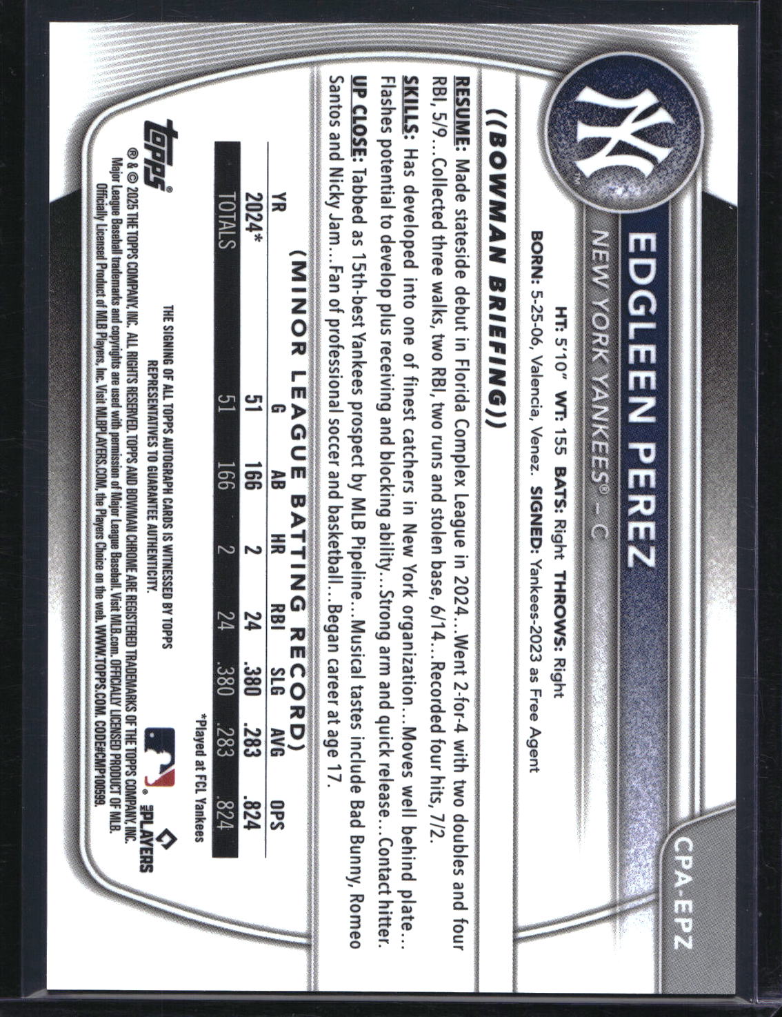 2025 Bowman CPA-EPZ Edgleen Perez Chrome Autograph Green Refractor /99