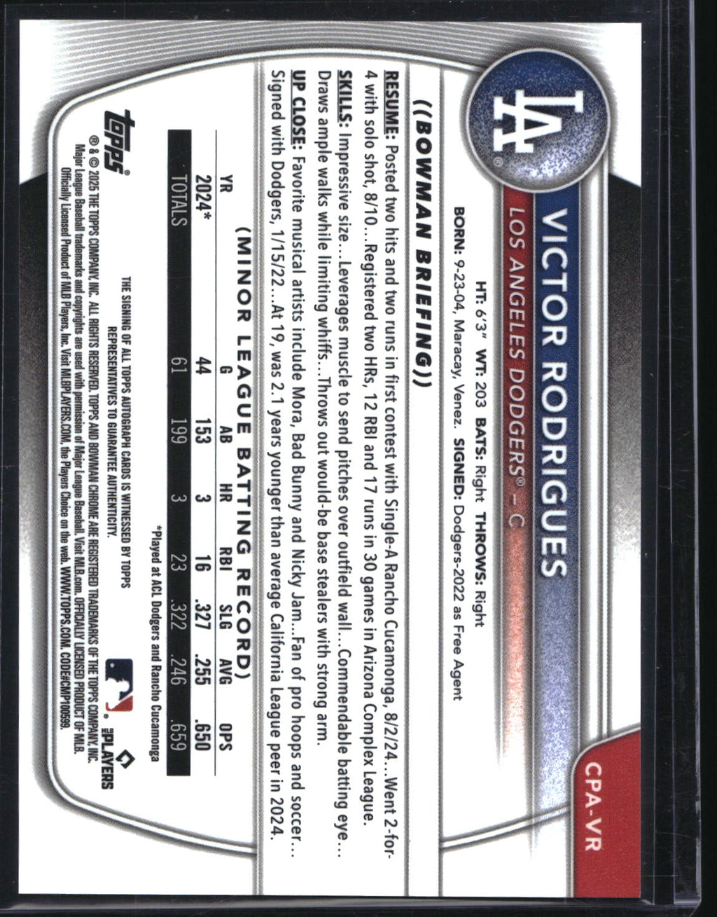 2025 Bowman CPA-VR Victor Rodrigues Chrome Auto Reptilian Green Refractor /99
