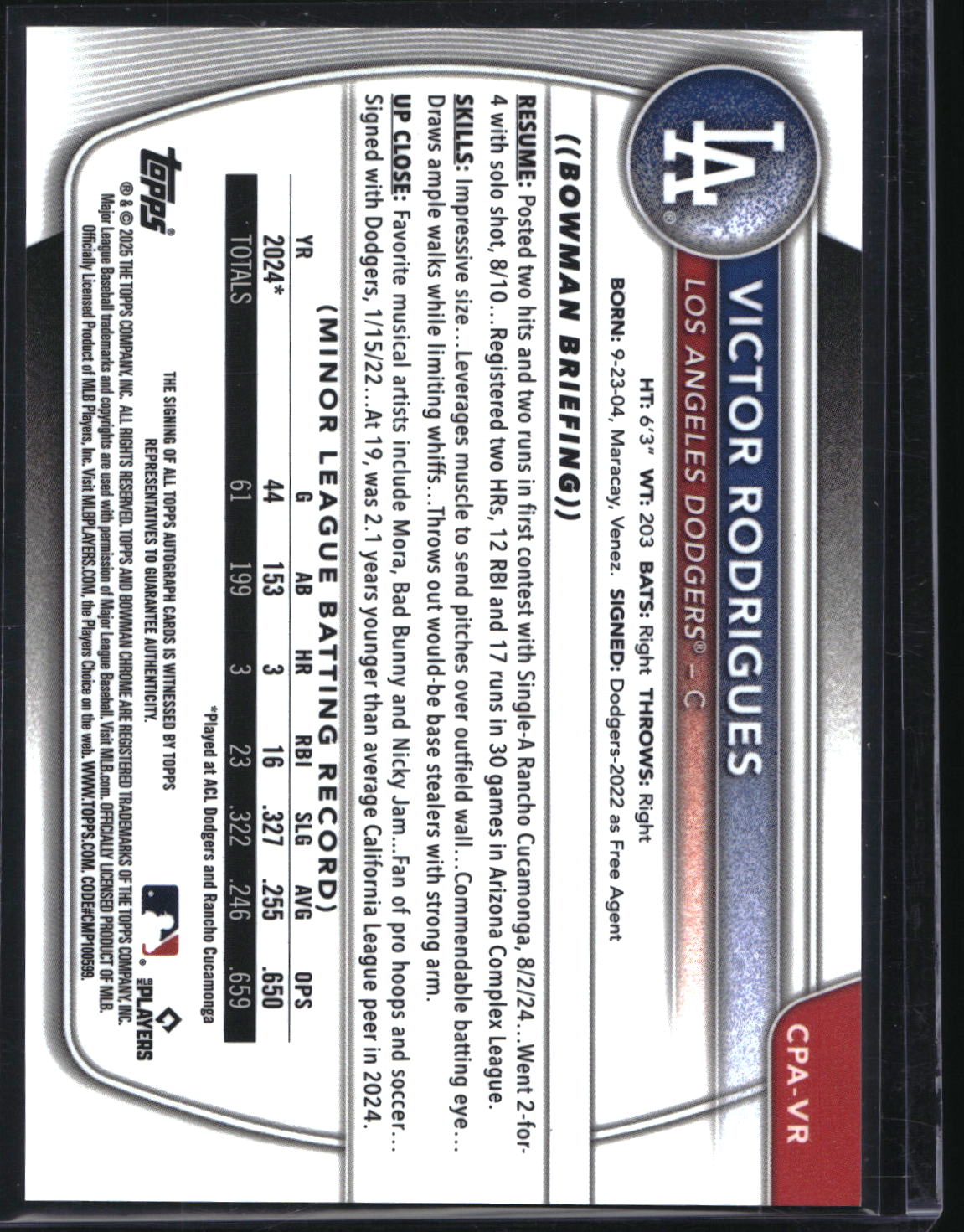 2025 Bowman CPA-VR Victor Rodrigues Chrome Auto Reptilian Green Refractor /99