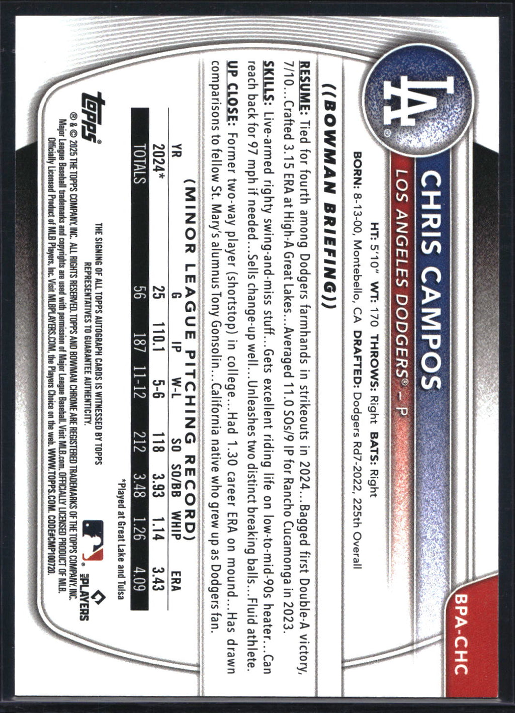 2025 Bowman #BPA-CHC Chris Campos Prospect Autographs Blue #/150
