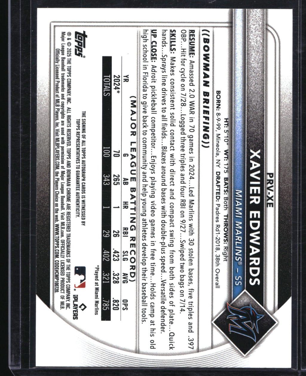 2025 Bowman #PRV-XE Xavier Edwards Rookies and Veterans Autographs Purple #/250