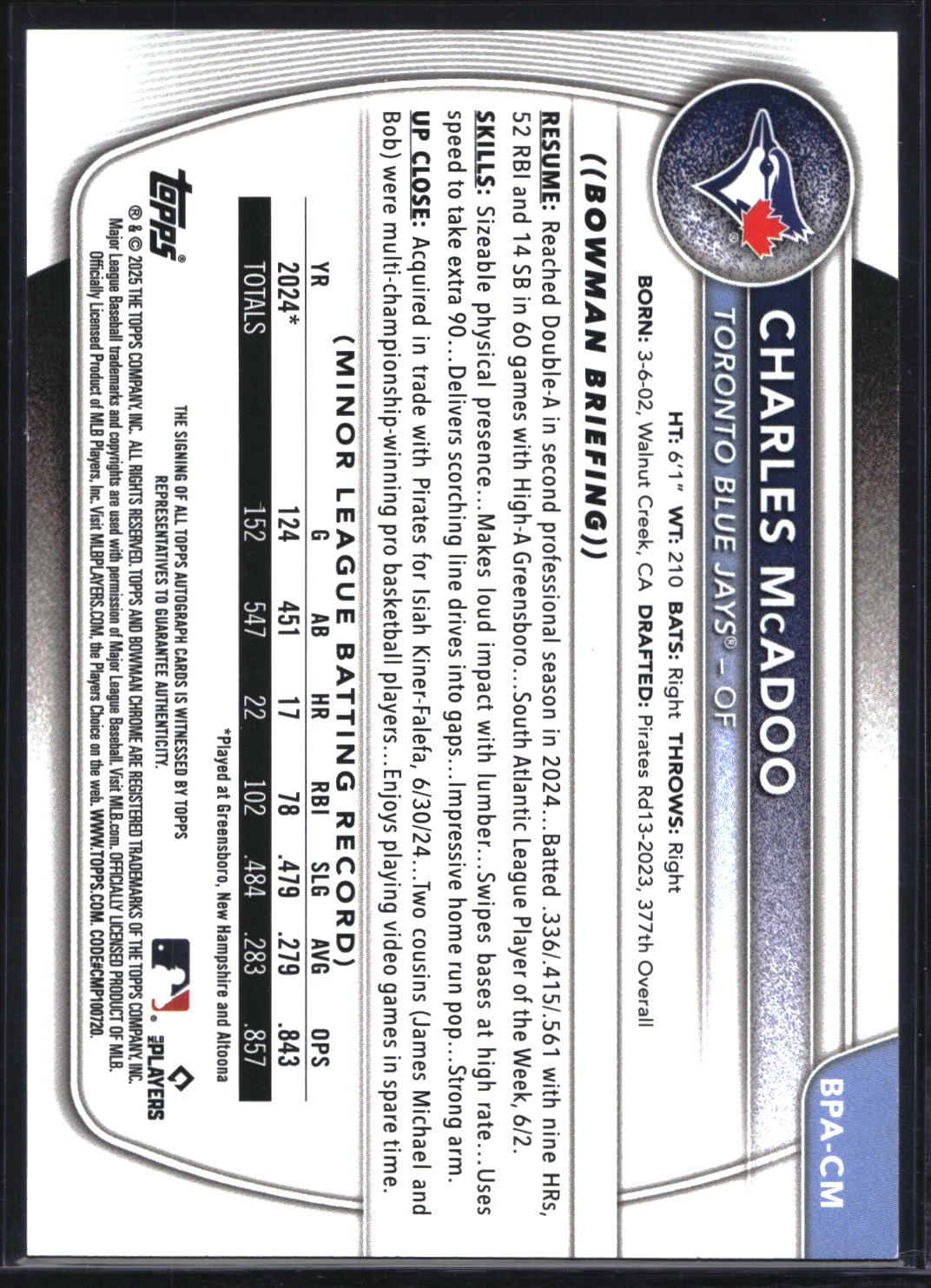 2025 Bowman #BPA-CM Charles McAdoo Prospect Autographs Purple #/250
