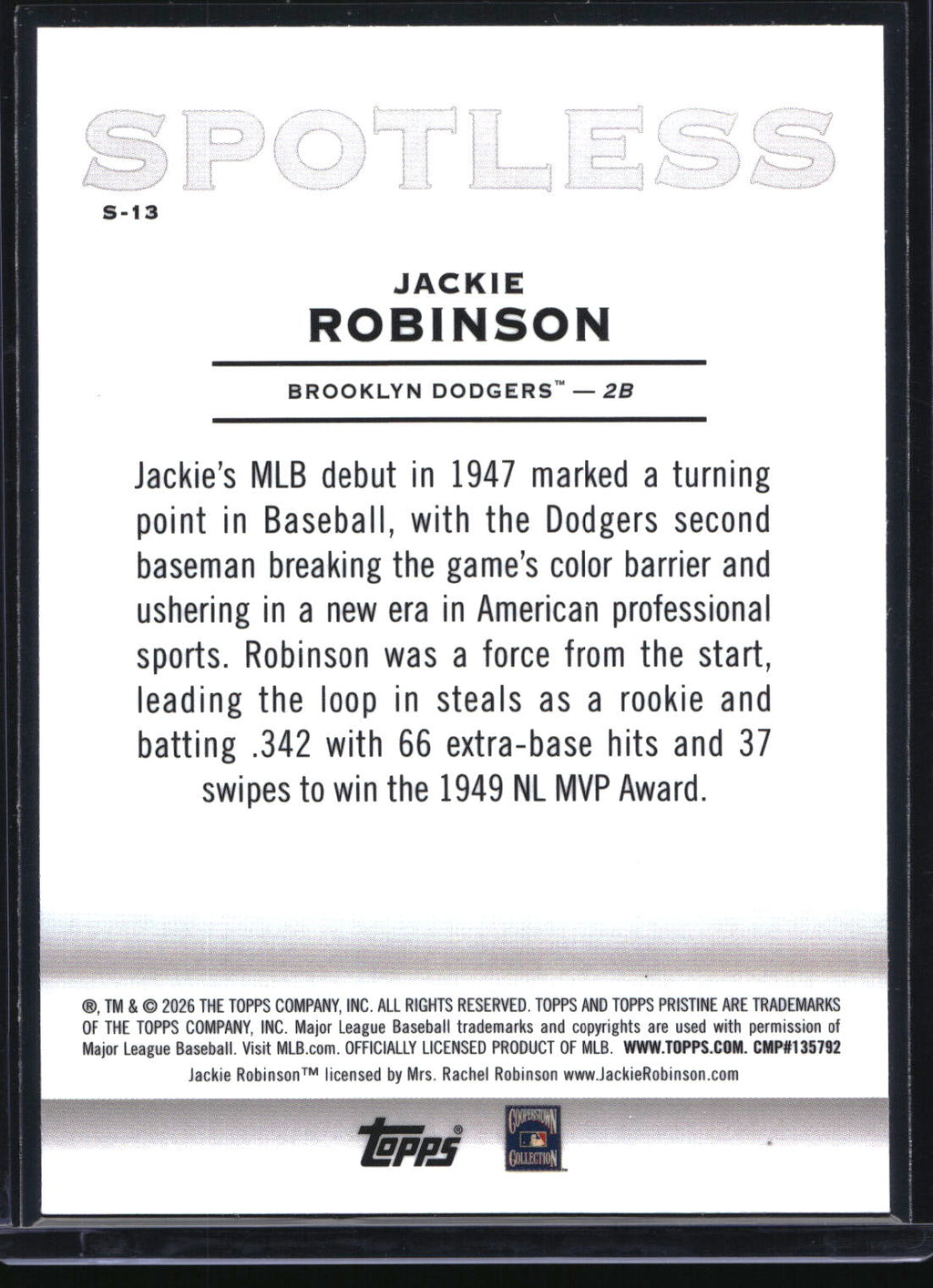 2026 Topps Pristine #S-13 Jackie Robinson Spotless